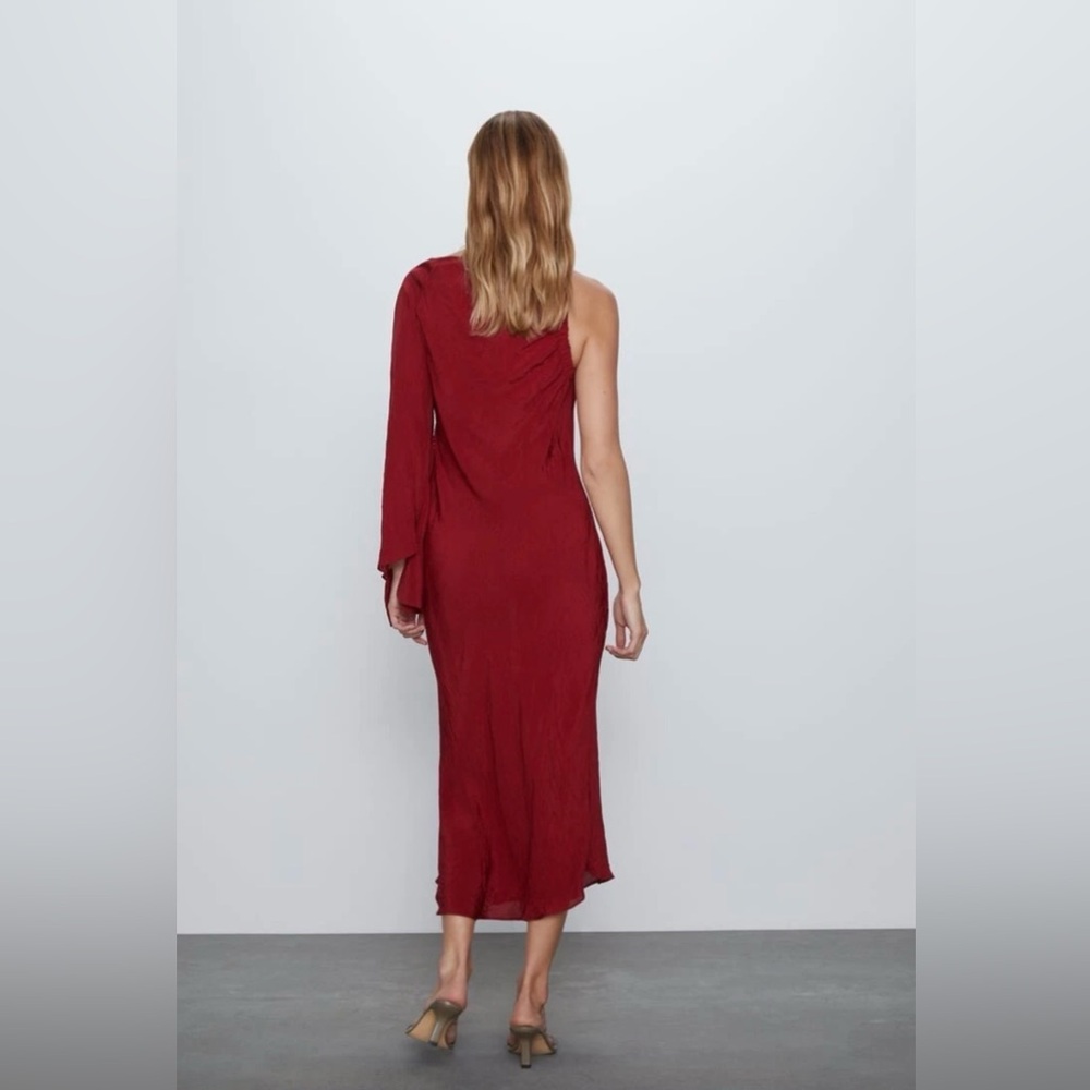 Maroon Red One Sleeve Shoulder Asymmetrical Midi Satin Formal Fancy Dress Sz L - Picture 6 of 16